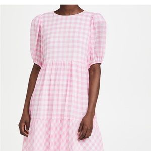 English Factory Gingham print midi dress pink and white